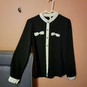Semi Sheer Black Blouse with Cute Bow Accents